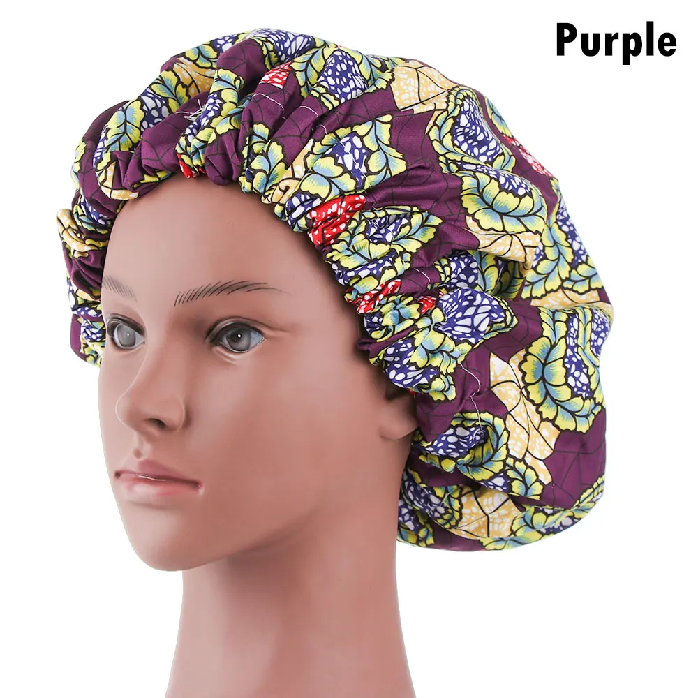 purple Женский Экстра большой атлас выстроились Bonnets Африканский узор печати Ткань Волос Кепка Анкара капот Ночная шапочка для сна женский тюрбан - Цвет: purple