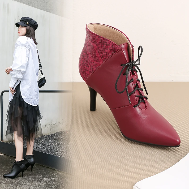 

wome Ankle boots Plus size 22-28cm Snake pu stitching high heel boots Europe and America fashion Front tie ankle boots for women