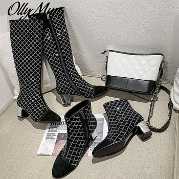 

women Boots middle heels 2020 New fashion Pointed Toe diamond Gingham Botas Mujer Side Zipper Patchwork High Heel Ankle Boots