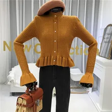 ^#Cheap Vintage Stand Collar Cardigan Female Warm Knitted Sweater Women 2019 New Single Breasted Ruffles Women's Free Knitted Sweater ^#Cheap Vintage Stand Collar Cardigan Female Warm Knitted Sweater Women 2019 New Single Breasted Ruffles Women's Free Knitted Sweater