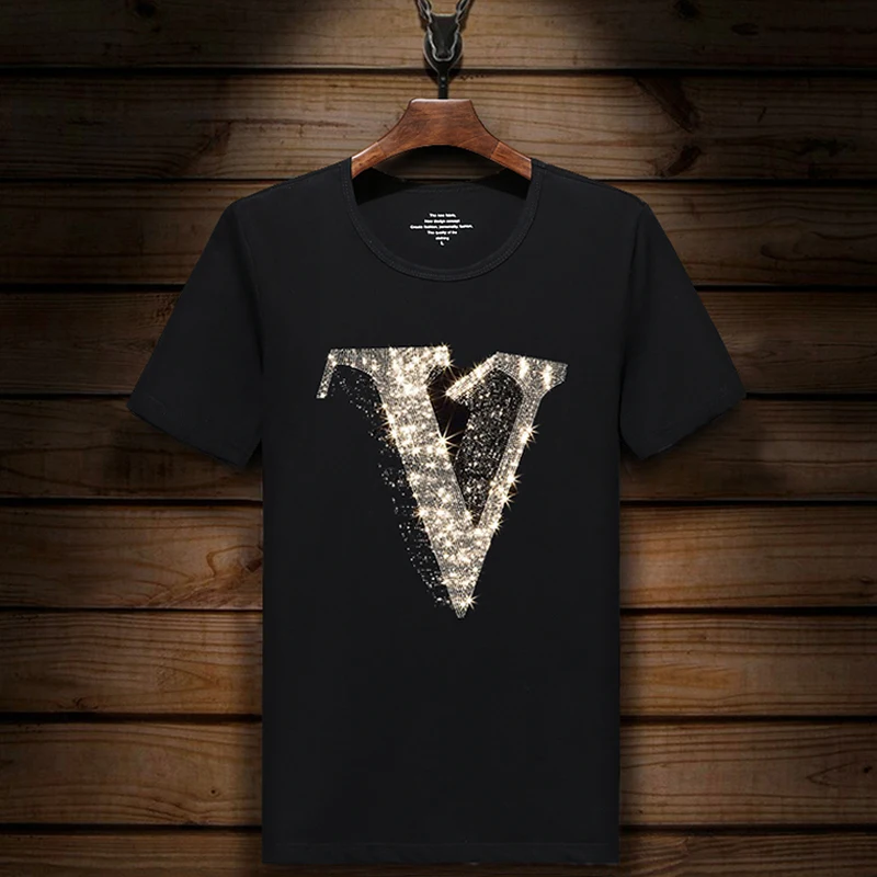 Мужская Блестящая футболка с логотипом V Hot Drilling, черная хлопковая футболка с коротким рукавом, стразы, Орел, топ, футболка, модная футболка с краном