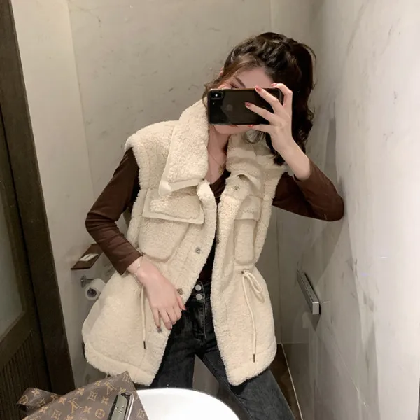 

MUMUZI loose fashion vest women sleeveless faux fur fake sheepskin jacket slim waist faux fur waistcoat jackets