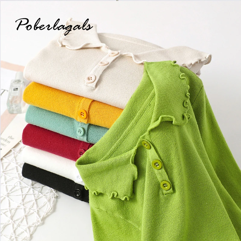 Pull top 2019 Korean Knitwear Autumn sweater women winter pullovers Lapel wood ear chic knitting sweaters female womens clothes | Женская