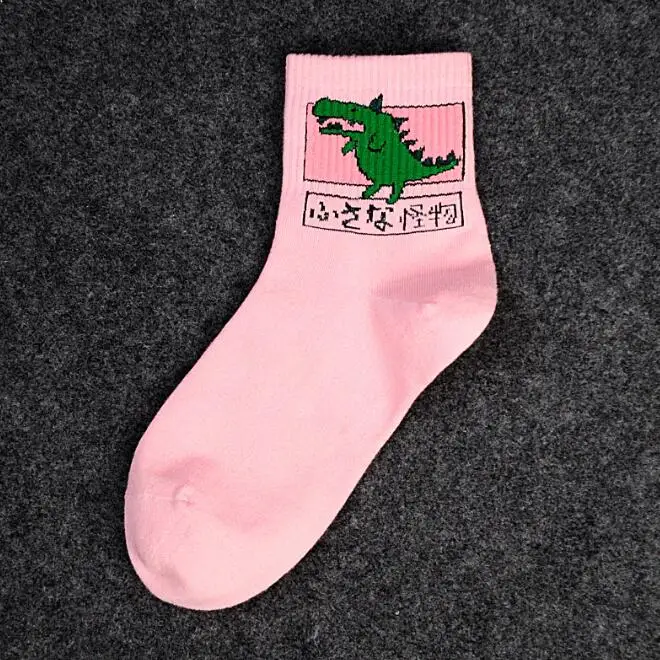 Осень Harajuku колледж ветер мультфильм милые носки с динозаврами женщины - Цвет: Розовый