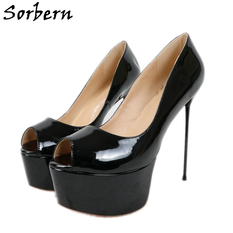 

Sorbern Classical Peep Toe Ladies Shoes Pump High Heels Patent Black Red Stilettos 16Cm Heels Slip On Ol Party Shoe