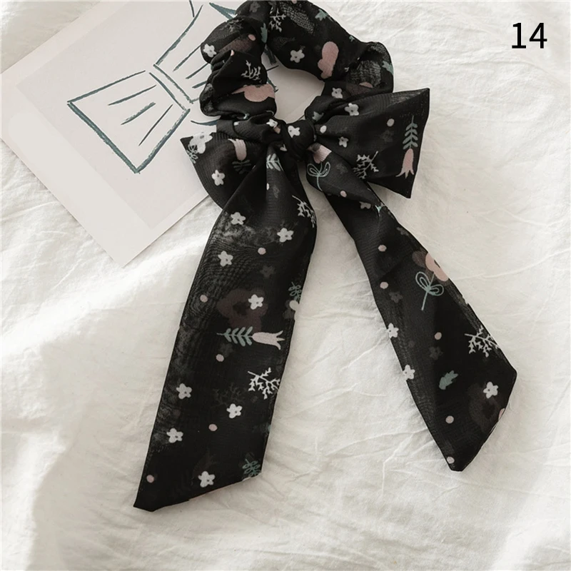 Boho Style Printed Ribbon Bow Hair Scrunchies Elastic Hair Bands Women Elegant Polka Dot Knotted Scarf Hair Accessories Headwear - Цвет: 00014