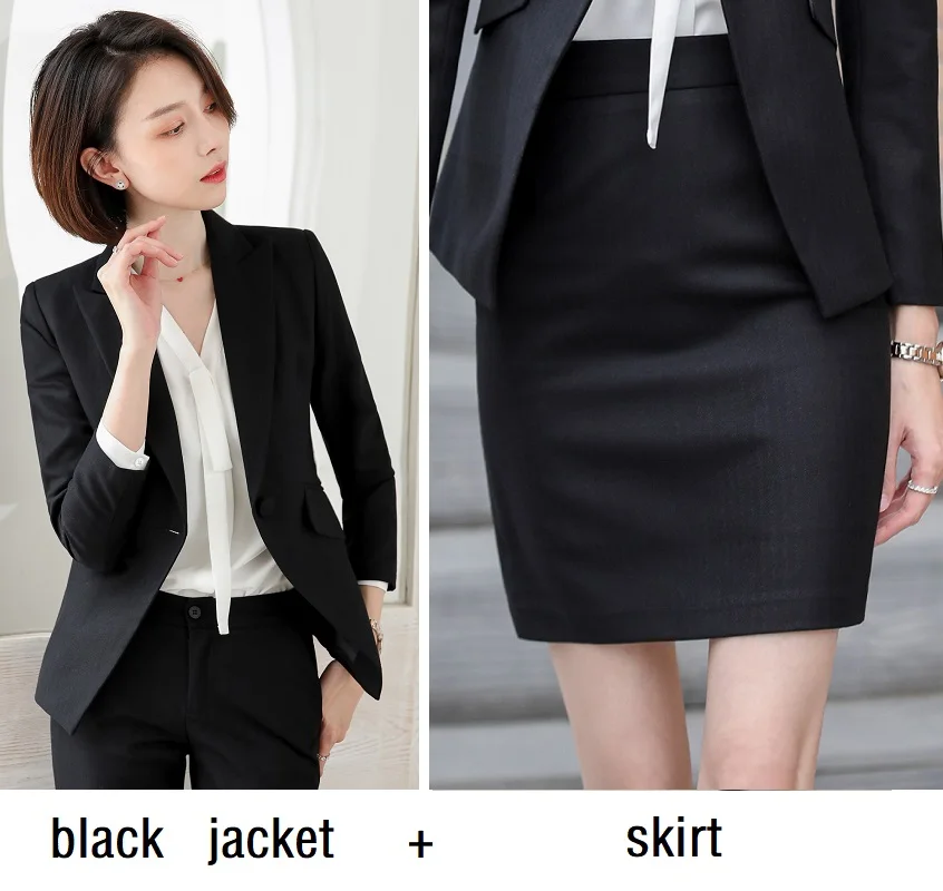 black jacket skirt Женские костюмы, приталенный весенний пиджак с длинным рукавом и штаны, комплект из 2 предметов, деловой женский брючный костюм, женский комплект, костюмы 6962 - Цвет: black jacket skirt