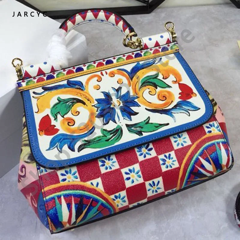 

2019 Famous Brand Premium Luxury Lady Bag Flower Print Platinum Tote Genuine Cow Leather Clamshell Handbag Women Shoulder Bag