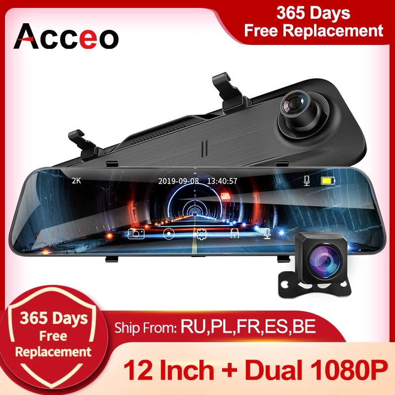 Acceo-Cámara de grabación con resolución 1080P para espejo retrovisor de coche, dispositivo grabador DVR X5 táctil de 12 pulgadas para salpicadero de automóvil, compatible con cámara de visión trasera de 1080P