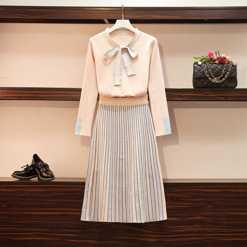 

XXXXLWill fall on the new large size ladies micro fat mm bowknot knitted suits skirts brim minus age two-piece outfit