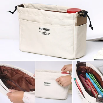 

Women Canvas Makeup Bag Portable With Compartments Handbag Home Practical Large Capacity Adjustable Drawstring Organizer Insert