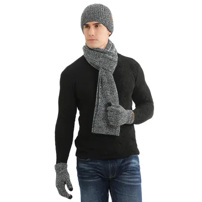 Зимний мужской женский теплый шарф и шапка и перчатки Комплект из 3 предметов толстый вязаный мужской шарф шаль модная шапка варежки мужские шапочки шарф воротник - Цвет: Hemp Gray