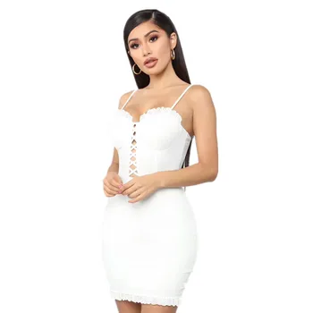 

Women Sexy Fashion Hollow Out White Black Bandage Dress Designer Lace Mini Celebrity Party Dress