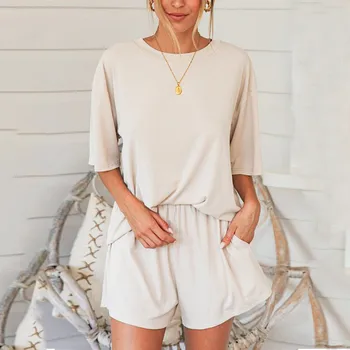 

Women Pajama Sets Homewear Oufits Set Solid Short Sleeve Lettuce Trim Solid Tee Shirt Top Shorts 2 Piece Casual Soft Sleepwear