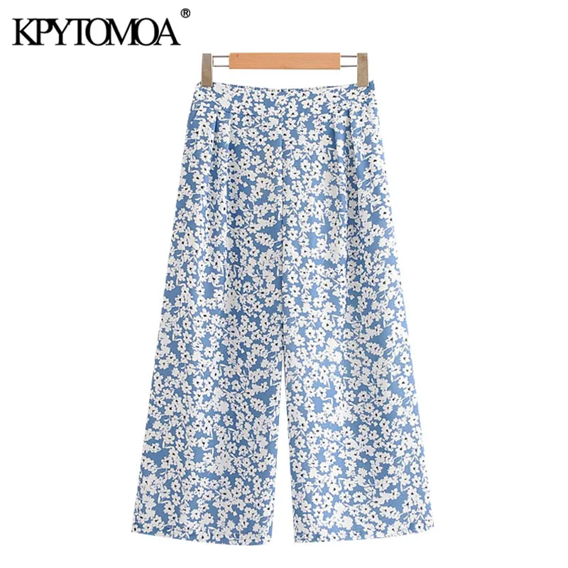 KPYTOMOA Women 2020 Chic Fashion Floral Print Wide Leg Pants Vintage Elastic Waist Calf Length Female Trousers Pantalones Mujer KPYTOMOA Women 2020 Chic Fashion Floral Print Wide Leg Pants Vintage Elastic Waist Calf Length Female Trousers Pantalones Mujer