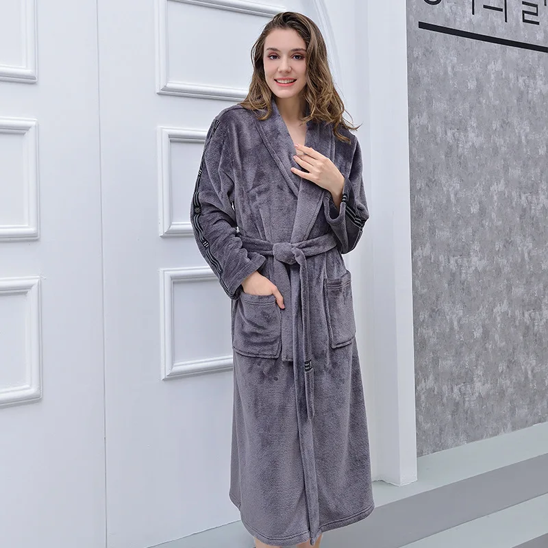 Ночной халат, ночное белье, осенне-зимний фланелевый Халат больших размеров, для мужчин и женщин, бархатная панель, длинный толстый банный халат, одежда для сна - Цвет: Shawl Lapel Gray