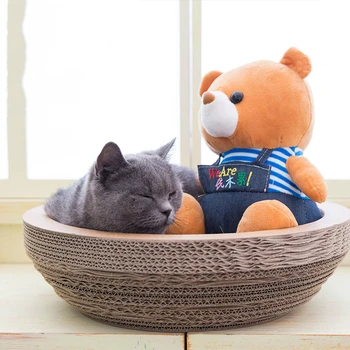 

Big space wood cat scratch board corrugated paper bowl-type paw grinding device durable short pets play sleep dual-use