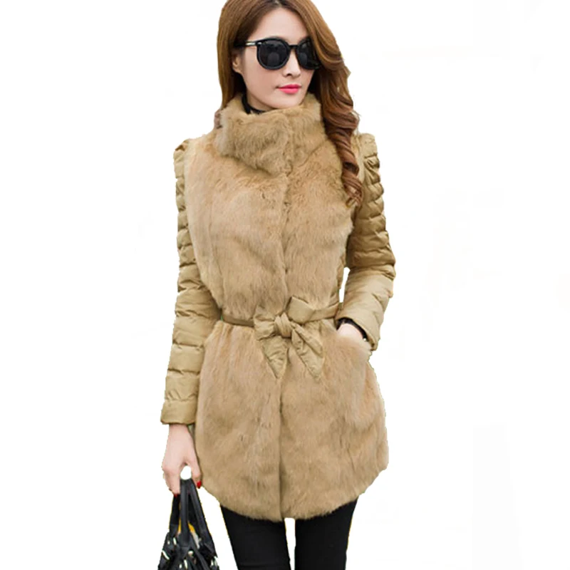 

Warm imitation Rabbit Fur Coat with stitching Padding Double Warm Jacket with belt Womens Parka Winter Jackets & Coats J552