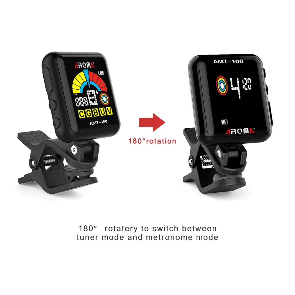 

AMT-100 2 in 1 Rechargeable Rotatable Clip-on Electronic Tuner Metronome Color Screen with Built-in Battery USB Cable