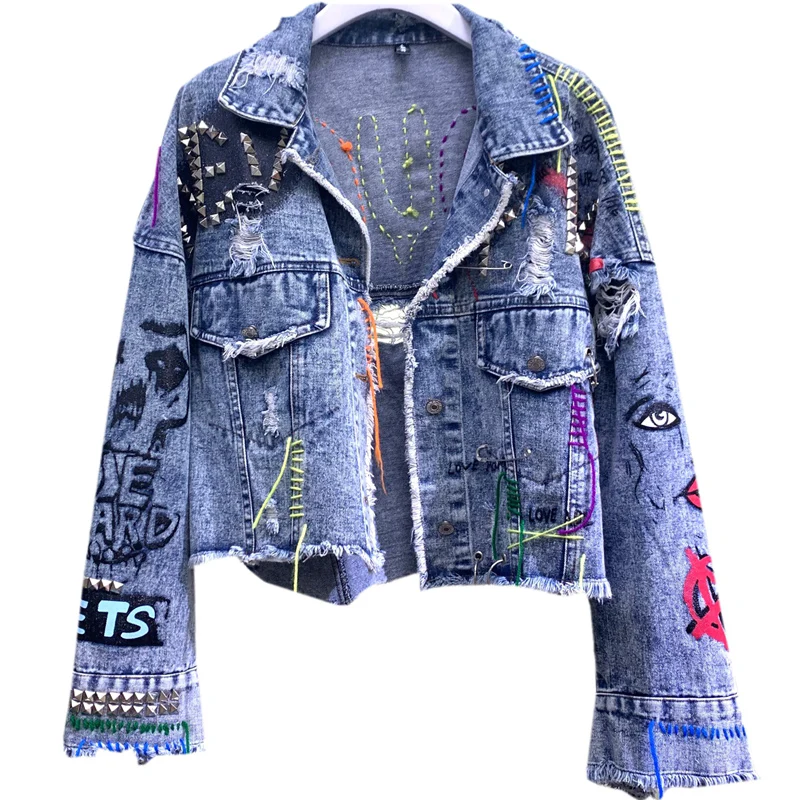 

2019 Autumn New Heavy Industry Embroidery Letters Graffiti Personality Bursting Broken Pin Short Denim Jacket