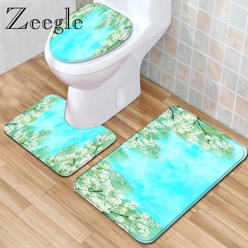 Zeegle 3pcs Bath Mat Set Soft Toilet Cover Seat Mat Absorbent Toilet Pedestal Rug Anti-slip Bathroom Doormat Shower Mat Foot Rug