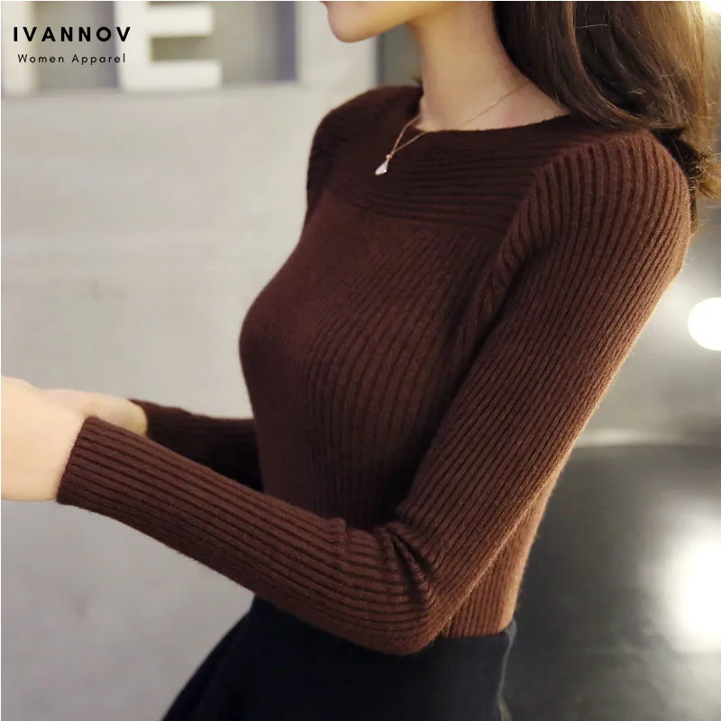 

Korea women long sleeve pullovers knitted top slim fit elegant autumn spring bottoming ladies sweaters clothing overcoats