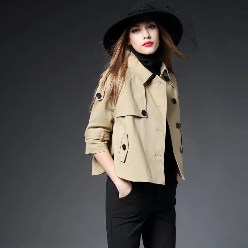 

Autumn England Style Women Short Trench Coat Turn-down Collar Single Breasted Khaki Black Slash Female Windbreaker S XL
