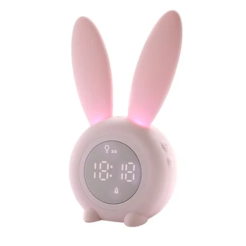 

Cute Rabbit Timer Alarm Clock Sound And Light Control Night Light Temperature Calendar Rechargeable For Children Gift LB