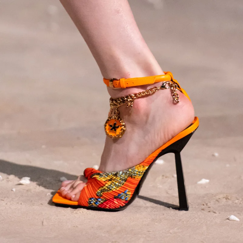 

Womens Square Peep Toe Printed Match Colors Stilettos High Heel Slingbacks Shoes Leather 4Colors Plus Size Summer 2023
