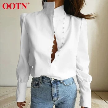 OOTN Elegant Turtleneck Blouse Long Sleeve White Shirt Office Ladies Top Casual Solid Single-Breasted Puff Sleeve Womens Blouses 4