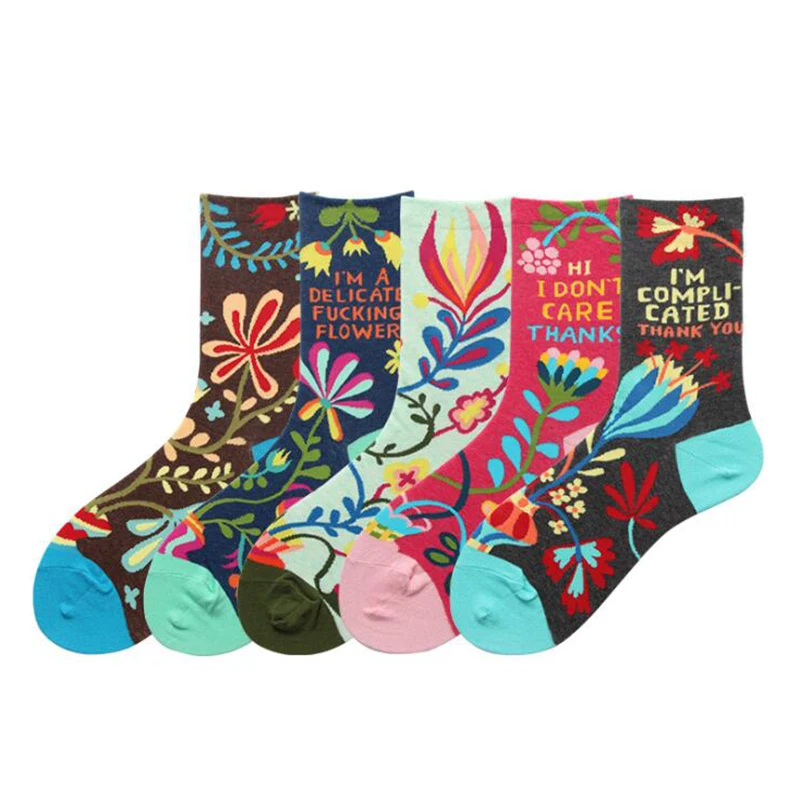 Harajuku Цветочные хлопковые носки для женщин Красочные модные длинные носки с принтом женские забавные носки уличная Calcetines осень