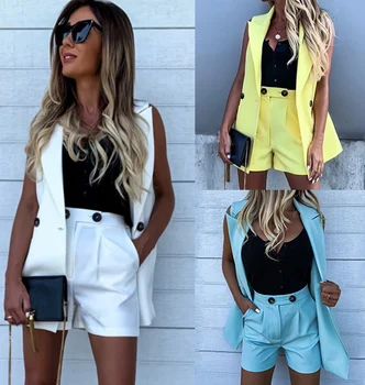 

Women Fashion Vest Coat Shorts 2Pcs Suit Solid Color Waistcoat Single Button Sleeveless Blazers With Shorts Clothes Set D30