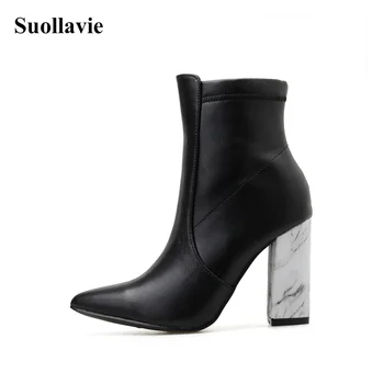 

Shoes Women's Ankle Boots Pointed Toe Leathe Booties Studded Thick High Heel Winter 2019 Equestrian Chelsea Boots