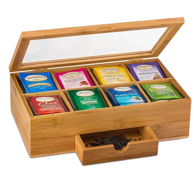 

Promotion! Tea Organizer Bamboo Tea Box with Small Drawer 100% Natural Bamboo Tea Chest - Great Gift Idea