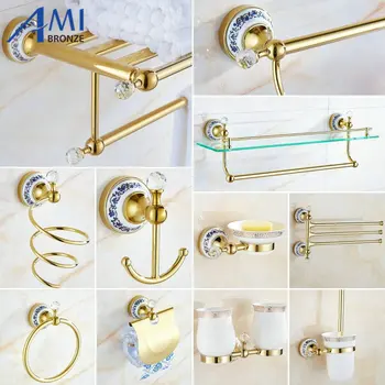 

82GCP Series Golden Polished Crystal & Porcelain Bathroom accessories Bath Hardware Set Towel Shelf Towel Bar Paper Holder Hook