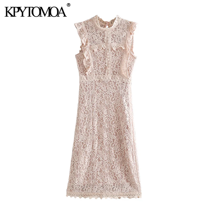 KPYTOMOA Women 2020 Chic Fashion Ruffled Lace Midi Dress Vintage Sleeveless Side Zipper With Lining Female Dresses Vestidos KPYTOMOA Women 2020 Chic Fashion Ruffled Lace Midi Dress Vintage Sleeveless Side Zipper With Lining Female Dresses Vestidos