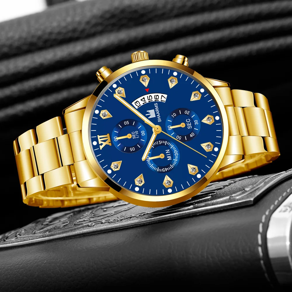 2021 Luxury Brand SHAARMS Alloy Strap Men's Watch Diamond Waterproof Quartz Watch for Men's Analog Three-eye Calendar Male Clock