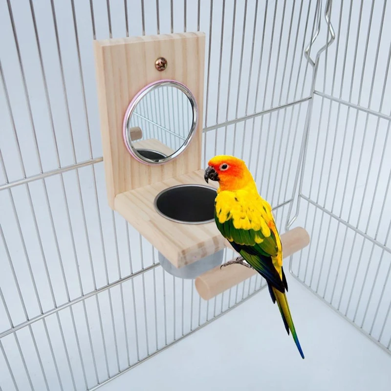 Деревянная миска для кормления птиц из нержавеющей стали с зеркалом, подставка для попугая, игрушечная чашка для птиц