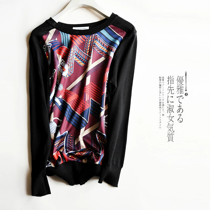 Европейский Абстрактное Искусство Шелковый Атлас печатных сшивание Водолазка Свитера Женская рубашка - Цвет: Черный