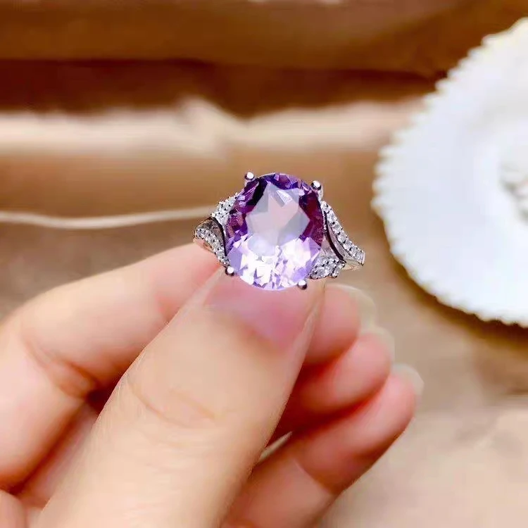 Genuine Natural Purple Amethyst Quartz Adjustable Ring Woman 12x10mm Clear Cut Faceted Bead 925 Silver Wealthy Stone AAAAA | Украшения и
