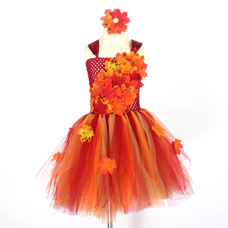 Fall Autumn Girls Tutu Dress Kids Maple Leaves Dress Up Halloween Costume Fancy Birthday Party Carnival Thanksgiving Dresses (15)