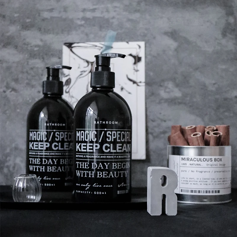 

500ml Nordic Plastic Bath Shampoo Storage Bottle Scandinavian Liquid Lotion Letter Storage Bottle Brown Organizer Decor