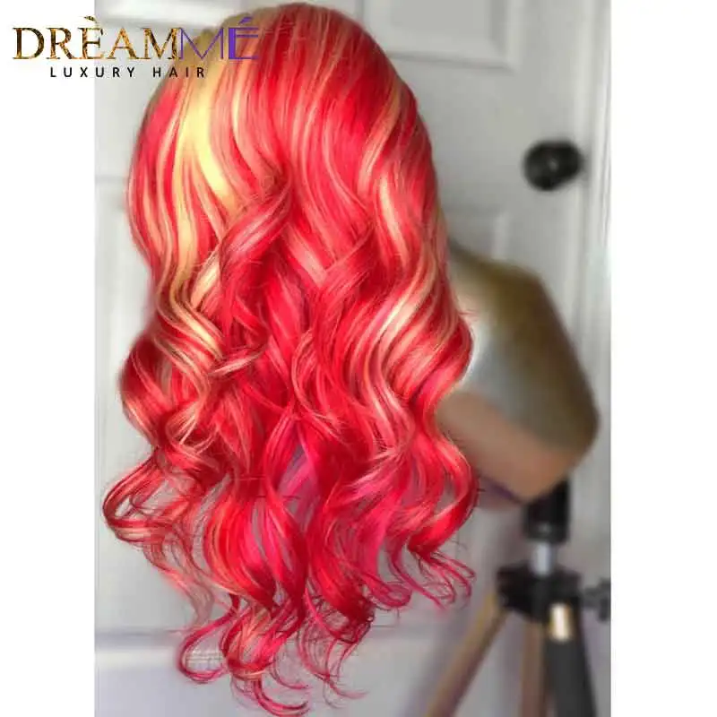 Red with Blonde Цветной медовый блондин красный синий кружевной передний парик из натуральных волос прозрачный парик 13X6 DeepPart remy волосы парик Омбре M(средний коэффициент - Цвет волос: Red with Blonde