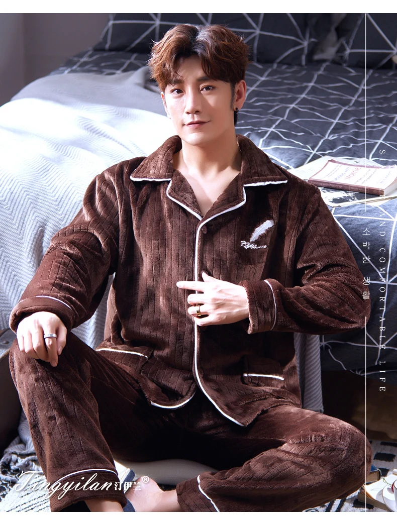 Мужской пижамный комплект, зимняя Пижама для мужчин, толстая Фланелевая пижама, костюм из 2 предметов, пижама Homme, теплая Повседневная Домашняя одежда, пижама Hombre