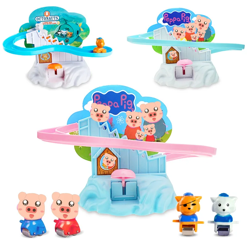 Hot Selling Manual Piggy Climbing Stairs Rotating Slide Rail Car Toy Children Mini DIY Assembled