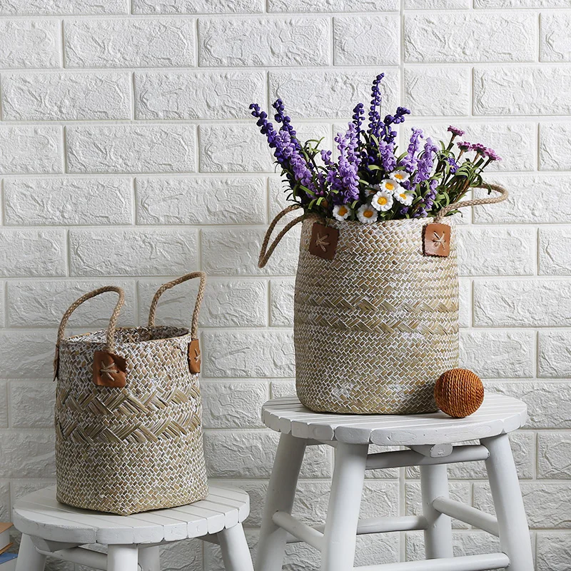 

2pcs Manual Nature Woven Seagrasses Storage Basket Lid Debris Consolidation Storage Box Sorting Jewelry basket-organizer