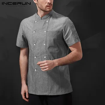 

INCERUN Men Chef Uniform Short Sleeve Restaurant Kitchen Shirt Solid Double Breasted Food Service Cooking Unisex Chef Jackets