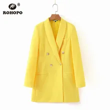 ROHOPO Woman Yellow Blazer Double Buttons Gradient Fly Solid Chi Notched Long Straight Outwear #2247 ROHOPO Woman Yellow Blazer Double Buttons Gradient Fly Solid Chi Notched Long Straight Outwear #2247
