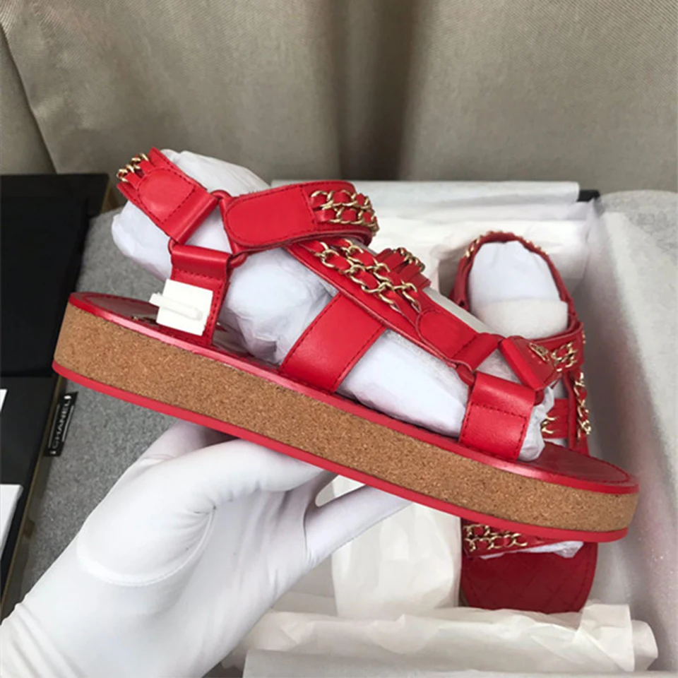 

SONFRNCH 2019 Summer New Shoes Ladies Chain One Word Buckle Flat Bottom Comfortable Sandals