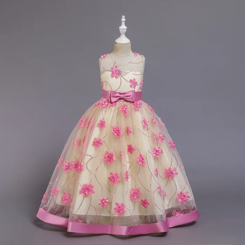 Элегантное кружевное платье с вышивкой для девочек, свадебное платье с цветочным узором для девочек, нарядное платье принцессы, торжественное платье без рукавов, кружевное платье из тюля - Цвет: pink